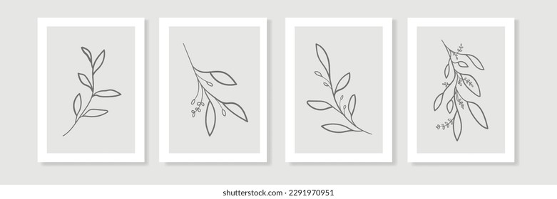 Eucalyptus twigs in line art style on a beige background. Сontour minimalistic twigs. Design for wedding card template. Vector illustration