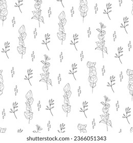 Eucalyptus twigs on white background. Hand-drawn vector illustration. Seamless pattern.