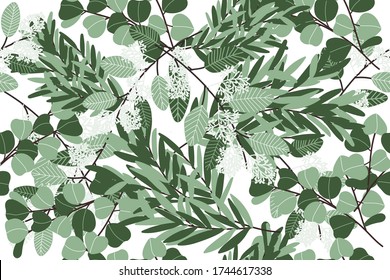 Eucalyptus twigs repeat pattern.  Fabric watercolor print. Tropical vector design. Summer repeat pattern. Silver dollar tree branches. Vector tropical template. Green, white abstract eucalyptus print