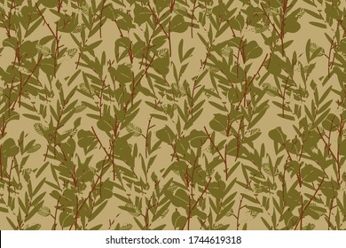 Eucalyptus twigs repeat pattern.  Vintage floral background. Abstract tropical plants. Botanical textile ornament. Olive, gree,, sand colors camouflage print. Vector abstract tropical template.