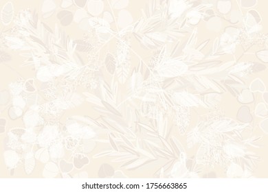 Eucalyptus twigs seamless pattern.  Beautiful retro ornament. Seamless tropical surface. Floral fabric print. Silver dollar tree branches. Vector tropical template.