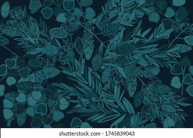 Las ramas de eucalipto son un patrón sin fisuras.  Ornamento textil botánico. Diseño vectorial tropical. Impresión de flores botánicas. Ramas de árboles de plata. Plantilla tropical vectorial.