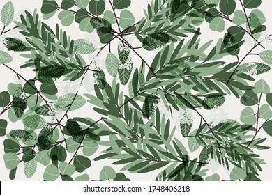 Eucalyptus twigs seamless pattern.  Botanical textile ornament. Cute tropic wallpapers. Botanical flower print. Silver dollar tree branches. Vector tropical template.