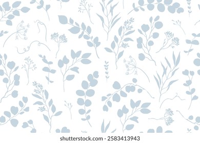 Eucalyptus twigs seamless pattern. Exotic plants branches, tropical flora foliage blue seamless vector. Floral textile monochrome print. Realistic botanical wallpaper design.