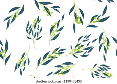 Eucalyptus Vector. Colorful Seamless Pattern with Vector Leaves, Branches and Floral Elements. Elegant Background for Wedding Design, Fabric, Textile, Dress. Eucalyptus Vector in Watercolor Style.