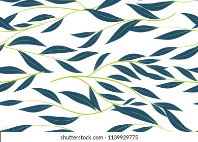Eucalyptus Vector. Colorful Seamless Pattern with Vector Leaves, Branches and Floral Elements. Elegant Background for Wedding Design, Fabric, Textile, Dress. Eucalyptus Vector in Watercolor Style.