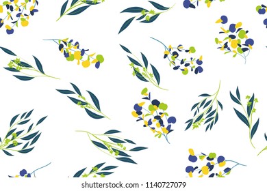 Eucalyptus Vector. Colorful Seamless Pattern with Vector Leaves, Branches and Floral Elements. Elegant Background for Wedding Design, Fabric, Textile, Dress. Eucalyptus Vector in Watercolor Style.
