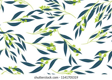 Eucalyptus Vector. Colorful Seamless Pattern with Vector Leaves, Branches and Floral Elements. Elegant Background for Wedding Design, Fabric, Textile, Dress. Eucalyptus Vector in Watercolor Style.