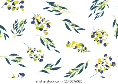 Eucalyptus Vector. Colorful Seamless Pattern with Vector Leaves, Branches and Floral Elements. Elegant Background for Wedding Design, Fabric, Textile, Dress. Eucalyptus Vector in Watercolor Style.