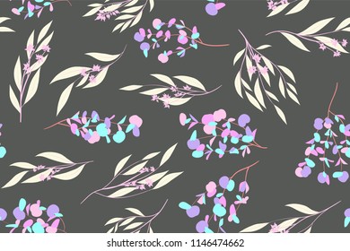 Eucalyptus Vector. Colorful Seamless Pattern with Vector Leaves, Branches and Floral Elements. Elegant Background for Wedding Design, Fabric, Textile, Dress. Eucalyptus Vector in Pastel Color Design.