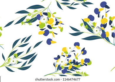 Eucalyptus Vector. Colorful Seamless Pattern with Vector Leaves, Branches and Floral Elements. Elegant Background for Wedding Design, Fabric, Textile, Dress. Eucalyptus Vector in Watercolor Style.