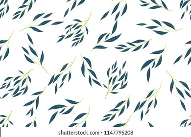 Eucalyptus Vector. Colorful Seamless Pattern with Vector Leaves, Branches and Floral Elements. Elegant Background for Wedding Design, Fabric, Textile, Dress. Eucalyptus Vector in Watercolor Style.