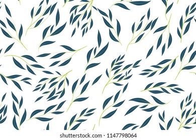 Eucalyptus Vector. Colorful Seamless Pattern with Vector Leaves, Branches and Floral Elements. Elegant Background for Wedding Design, Fabric, Textile, Dress. Eucalyptus Vector in Watercolor Style.