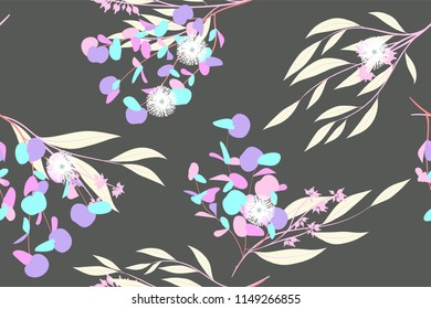 Eucalyptus Vector. Colorful Seamless Pattern with Vector Leaves, Branches and Floral Elements. Elegant Background for Wedding Design, Fabric, Textile, Dress. Eucalyptus Vector in Pastel Color Design.