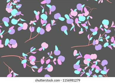 Eucalyptus Vector. Colorful Seamless Pattern with Vector Leaves, Branches and Floral Elements. Elegant Background for Wedding Design, Fabric, Textile, Dress. Eucalyptus Vector in Pastel Color Design.