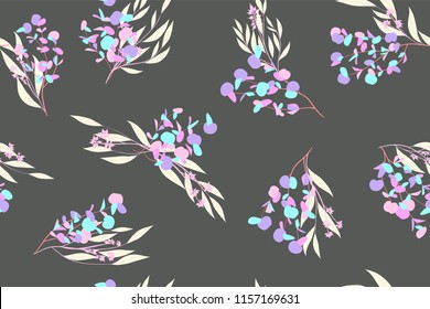 Eucalyptus Vector. Colorful Seamless Pattern with Vector Leaves, Branches and Floral Elements. Elegant Background for Wedding Design, Fabric, Textile, Dress. Eucalyptus Vector in Pastel Color Design.