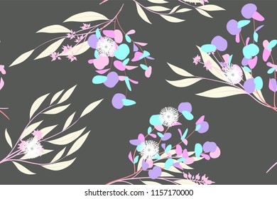 Eucalyptus Vector. Colorful Seamless Pattern with Vector Leaves, Branches and Floral Elements. Elegant Background for Wedding Design, Fabric, Textile, Dress. Eucalyptus Vector in Pastel Color Design.