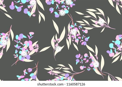 Eucalyptus Vector. Colorful Seamless Pattern with Vector Leaves, Branches and Floral Elements. Elegant Background for Wedding Design, Fabric, Textile, Dress. Eucalyptus Vector in Pastel Color Design.