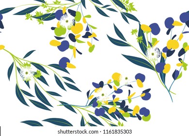 Eucalyptus Vector. Colorful Seamless Pattern with Vector Leaves, Branches and Floral Elements. Elegant Background for Wedding Design, Fabric, Textile, Dress. Eucalyptus Vector in Watercolor Style.