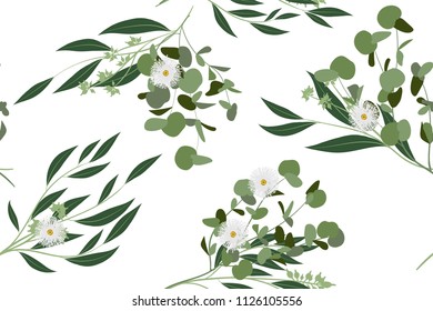 Eucalyptus Vector. Cute Seamless Pattern with Vector Leaves, Branches and Floral Elements. Elegant Cute Background for Rustic Wedding Design, Fabric, Textile, Dress. Eucalyptus Vector in Vintage Style