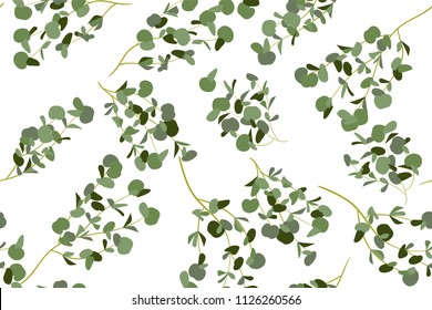 Eucalyptus Vector. Cute Seamless Pattern with Vector Leaves, Branches and Floral Elements. Elegant Cute Background for Rustic Wedding Design, Fabric, Textile, Dress. Eucalyptus Vector in Vintage Style