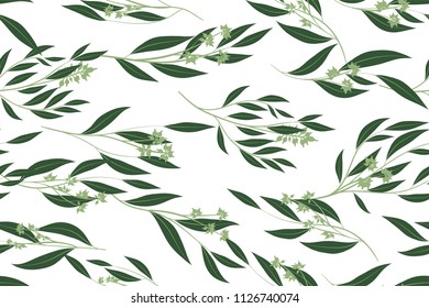 Eucalyptus Vector. Cute Seamless Pattern with Vector Leaves, Branches and Floral Elements. Elegant Cute Background for Rustic Wedding Design, Fabric, Textile, Dress. Eucalyptus Vector in Vintage Style
