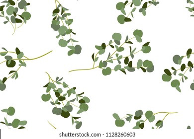 Eucalyptus Vector. Cute Seamless Pattern with Vector Leaves, Branches and Floral Elements. Elegant Cute Background for Rustic Wedding Design, Fabric, Textile, Dress. Eucalyptus Vector in Vintage Style