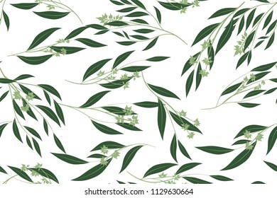 Eucalyptus Vector. Cute Seamless Pattern with Vector Leaves, Branches and Floral Elements. Elegant Cute Background for Rustic Wedding Design, Fabric, Textile, Dress. Eucalyptus Vector in Vintage Style