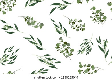 Eucalyptus Vector. Cute Seamless Pattern with Vector Leaves, Branches and Floral Elements. Elegant Cute Background for Rustic Wedding Design, Fabric, Textile, Dress. Eucalyptus Vector in Vintage Style