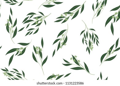 Eucalyptus Vector. Cute Seamless Pattern with Vector Leaves, Branches and Floral Elements. Elegant Cute Background for Rustic Wedding Design, Fabric, Textile, Dress. Eucalyptus Vector in Vintage Style