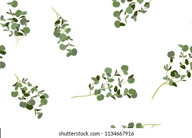 Eucalyptus Vector. Cute Seamless Pattern with Vector Leaves, Branches and Floral Elements. Elegant Cute Background for Rustic Wedding Design, Fabric, Textile, Dress. Eucalyptus Vector in Vintage Style