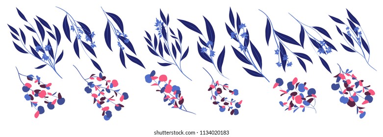 Eucalyptus Vector. Decorative Vector Leaves and Branches. Elegant Foliage. Beautiful Floral Element for Wedding Design. Tropical Plants. Eucalyptus Vector for Card, Invitation, Pattern, Print, Wreath.