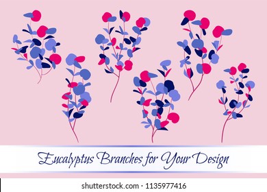 Eucalyptus Vector. Decorative Vector Leaves and Branches. Elegant Foliage. Beautiful Floral Element for Wedding Design. Tropical Plants. Eucalyptus Vector for Card, Invitation, Pattern, Print, Wreath.