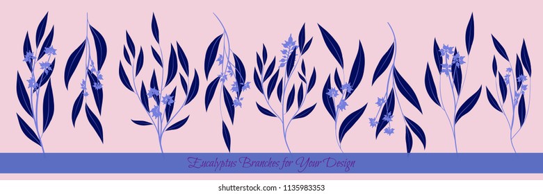 Eucalyptus Vector. Decorative Vector Leaves and Branches. Elegant Foliage. Beautiful Floral Element for Wedding Design. Tropical Plants. Eucalyptus Vector for Card, Invitation, Pattern, Print, Wreath.