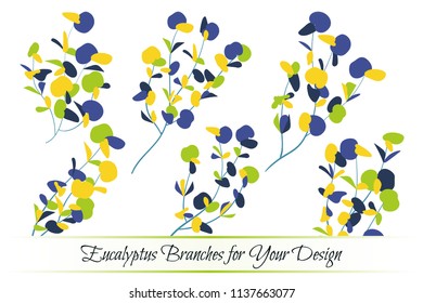 Eucalyptus Vector. Decorative Vector Leaves and Branches. Elegant Foliage. Beautiful Floral Element for Wedding Design. Tropical Plants. Eucalyptus Vector for Card, Invitation, Pattern, Print, Wreath.