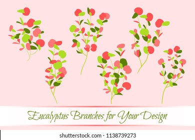 Eucalyptus Vector. Decorative Vector Leaves and Branches. Elegant Foliage. Beautiful Floral Element for Wedding Design. Tropical Plants. Eucalyptus Vector for Card, Invitation, Pattern, Print, Wreath.