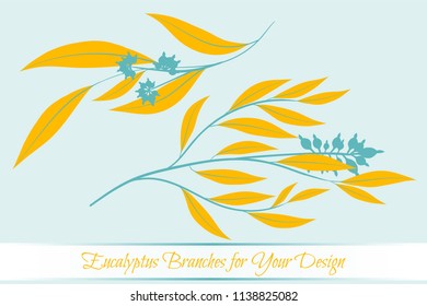 Eucalyptus Vector. Decorative Vector Leaves and Branches. Elegant Foliage. Beautiful Floral Element for Wedding Design. Tropical Plants. Eucalyptus Vector for Card, Invitation, Pattern, Print, Wreath.