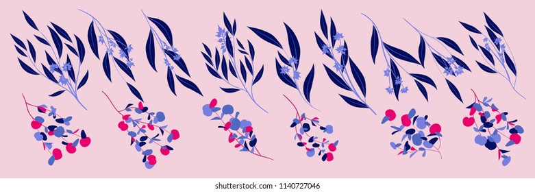 Eucalyptus Vector. Decorative Vector Leaves and Branches. Elegant Foliage. Beautiful Floral Element for Wedding Design. Tropical Plants. Eucalyptus Vector for Card, Invitation, Pattern, Print, Wreath.