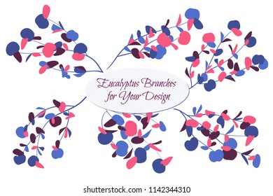 Eucalyptus Vector. Decorative Vector Leaves and Branches. Elegant Foliage. Beautiful Floral Element for Wedding Design. Tropical Plants. Eucalyptus Vector for Card, Invitation, Pattern, Print, Wreath.