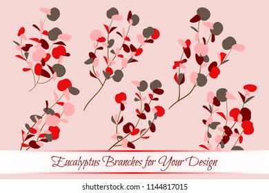 Eucalyptus Vector. Decorative Vector Leaves and Branches. Elegant Foliage. Beautiful Floral Element for Wedding Design. Tropical Plants. Flowers Isolated and Eucalyptus Vector for Card, Invitation.