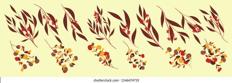Eucalyptus Vector. Decorative Vector Leaves and Branches. Elegant Foliage. Beautiful Floral Element for Wedding Design. Tropical Plants. Flowers Isolated and Eucalyptus Vector for Card, Invitation.