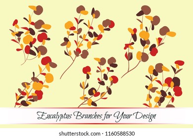 Eucalyptus Vector. Decorative Vector Leaves and Branches. Elegant Foliage. Beautiful Floral Element for Wedding Design. Tropical Plants. Flowers Isolated and Eucalyptus Vector for Card, Invitation.