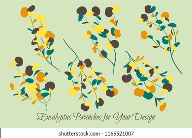 Eucalyptus Vector. Decorative Vector Leaves and Branches. Elegant Foliage. Beautiful Floral Element for Wedding Design. Tropical Plants. Flowers Isolated and Eucalyptus Vector for Card, Invitation.