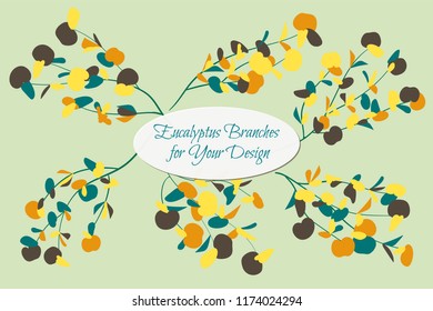 Eucalyptus Vector. Decorative Vector Leaves and Branches. Elegant Foliage. Beautiful Floral Element for Wedding Design. Tropical Plants. Flowers Isolated and Eucalyptus Vector for Card, Invitation.