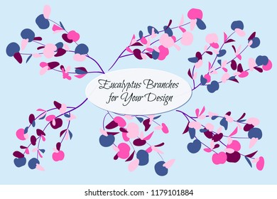 Eucalyptus Vector. Decorative Vector Leaves and Branches. Elegant Foliage. Beautiful Floral Element for Wedding Design. Tropical Plants. Flowers Isolated and Eucalyptus Vector for Card, Invitation.