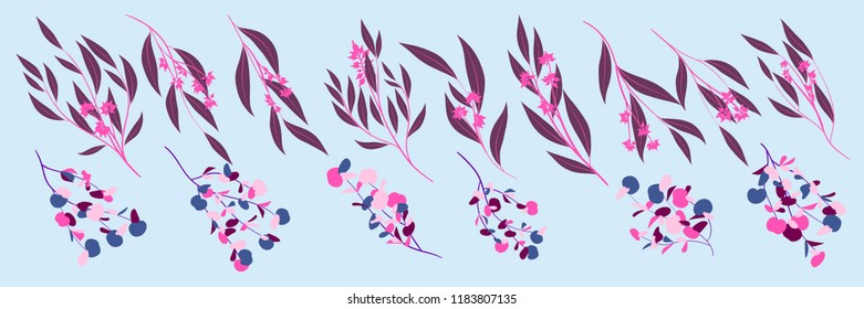 Eucalyptus Vector. Decorative Vector Leaves and Branches. Elegant Foliage. Beautiful Floral Element for Wedding Design. Tropical Plants. Flowers Isolated and Eucalyptus Vector for Card, Invitation.