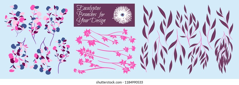 Eucalyptus Vector. Decorative Vector Leaves and Branches. Elegant Foliage. Beautiful Floral Element for Wedding Design. Tropical Plants. Flowers Isolated and Eucalyptus Vector for Card, Invitation.