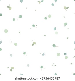 Eucalyptus vector design simple pattern. Dot tiny scattered leaves print. Tossed leaves and buds.Dusty blue-green, pale olive, sage, mint colors.Pale palette botanical repeat for a nursery