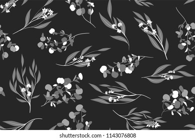 Eucalyptus Vector. Monochrome Seamless Pattern with Vector Leaves, Branches and Floral Element. Elegant Background for Rustic Wedding Design, Fabric, Textile, Dress. Eucalyptus Vector in Vintage Style