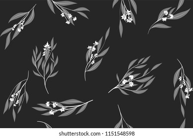 Eucalyptus Vector. Monochrome Seamless Pattern with Vector Leaves, Branches and Floral Element. Elegant Background for Rustic Wedding Design, Fabric, Textile, Dress. Eucalyptus Vector in Vintage Style